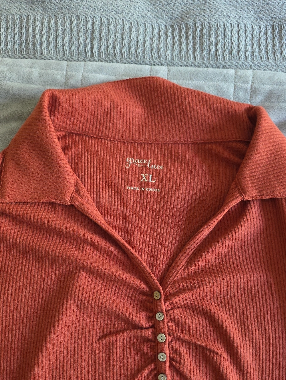 Grace & Lace Rust Ribbed Button-Front Polo Top - XL